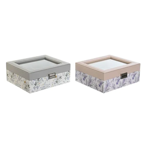 Dėžutė laikrodžiams DKD Home Decor Balta Pilka Alyvinė Šviesiai rožinis PVC Stiklas 22,5 x 19,5 x 9,5 cm (2 vnt.)