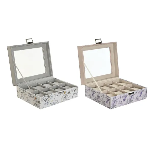 Dėžutė laikrodžiams DKD Home Decor Balta Pilka Alyvinė Šviesiai rožinis PVC Stiklas 22,5 x 19,5 x 9,5 cm (2 vnt.)